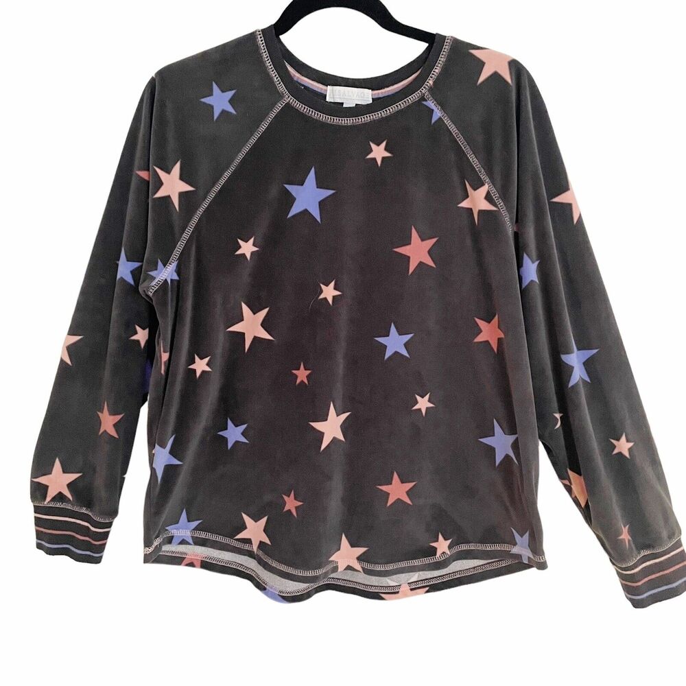 PJ Salvage Silky Velour Star Sunset Print Top Sz M Long Sleeve Top In Charcoal‎